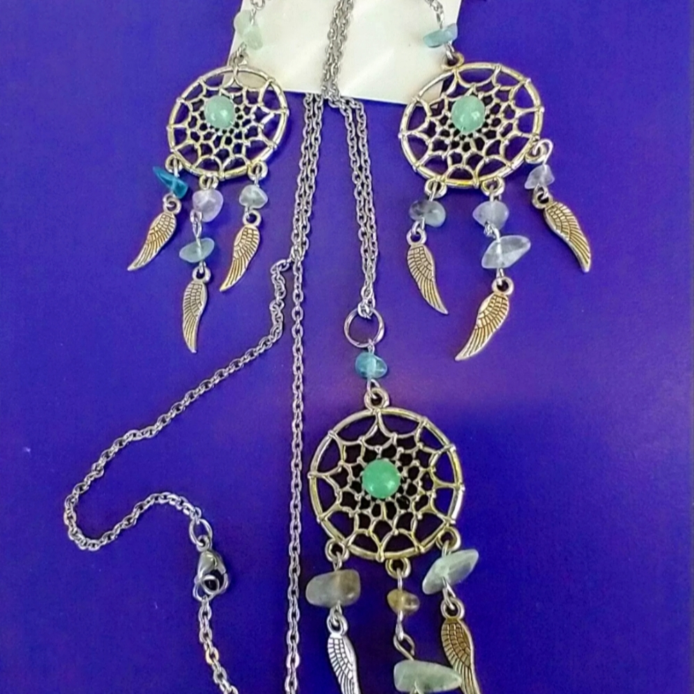 Turquoise Stone Dreamcatcher Silver Jewelry Dangle Earrings Necklace Set